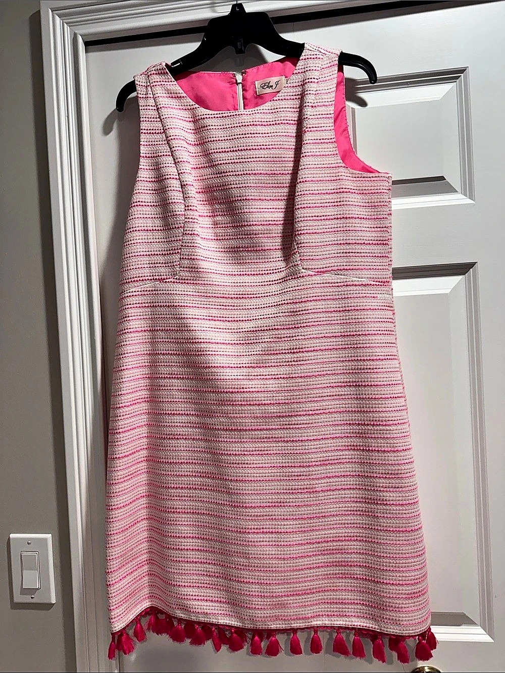 Eliza J Fringe Trim Tweed Dress Pink & White Size 14